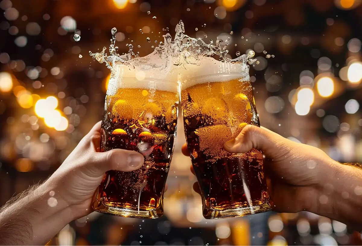 酒吧內兩只啤酒杯乾杯泡沫飛濺